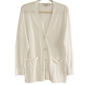 LOFT White Linen Blend V Neck Cardigan Sweater Size XL